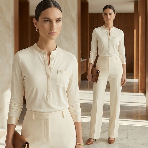 J. Jill Tops - J.Jill Silk Trim Henley Top Small Ivory Pima Cotton Modal Long Sleeve